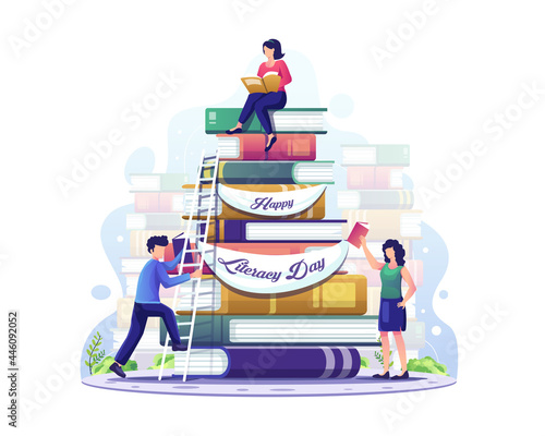 International Literacy Day. People collect books to read together on Literacy day. Flat vector illustration