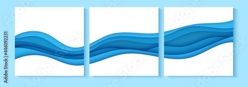 Set of flyers with blue waves in paper cut style. Collection of three papercut art empty banners for environment or World Water day. Vector advertising poster template for Save the Oceans day 8 june.