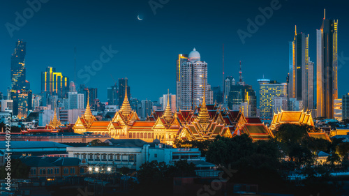 The Golden Grand Palace of Bangkok, Thailand, Night scene skyline view cityscape of Wat phra keaw, Temple of Siam the Emerald Buddha, famous landmark tourism, Amazing beautiful destination of Thailand