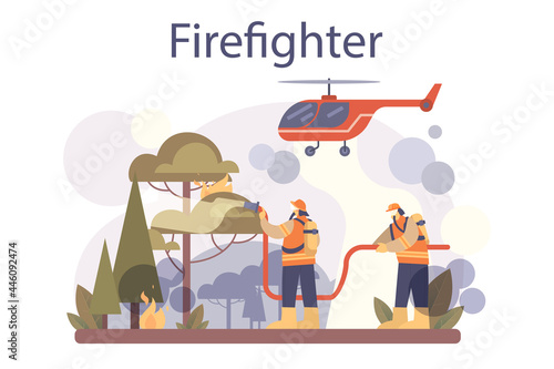Firefighter concept. Professional fire brigade fighting with flame
