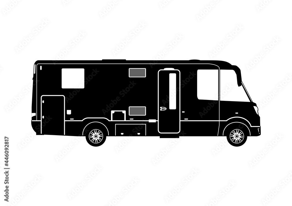 Silhouette of motorhome. Side view of modern camper. Black and white vector without gradients.