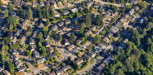 Aerial View from an Airplane of Residential Homes in Coquitlam, Greater Vancouver, British Columbia, Canada.