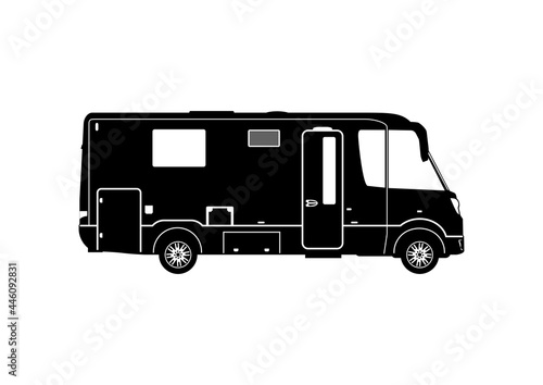 Silhouette of motorhome. Side view of modern camper. Black and white vector without gradients.