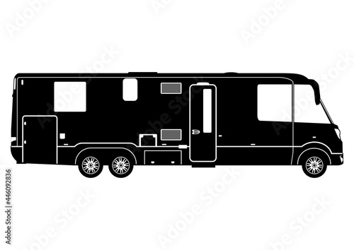 Silhouette of motorhome. Side view of modern camper. Black and white vector without gradients.