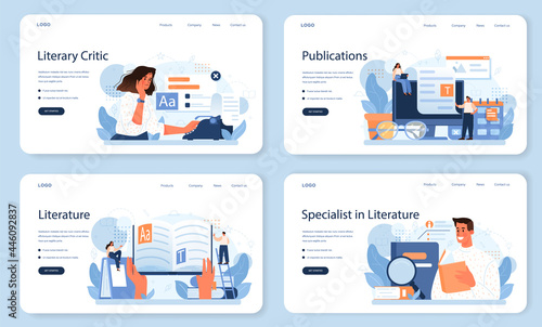 Literary critic web banner or landing page set. Professional journalist