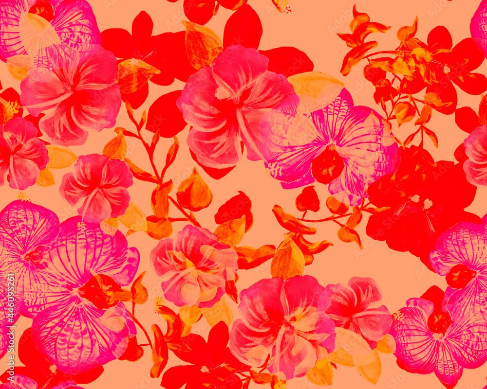 Pink Botanical Background. Coral Orchid Textile. Scarlet Hibiscus Painting. Flower Print. Watercolor Wallpaper. Seamless Set. Pattern Design. Vintage Leaves.