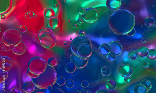 Abstract composition of transparent multicolored spheres of different sizes. 3d rendering.