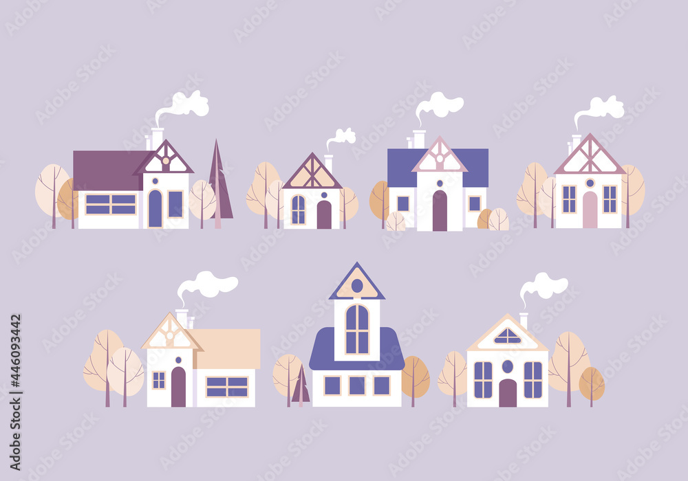 Set cartoon houses, autumn trees. Vector illustration in delicate pastel colors. Illustration, isolated objects on a purple background. Design elements for topics like property, mortgage, architecture