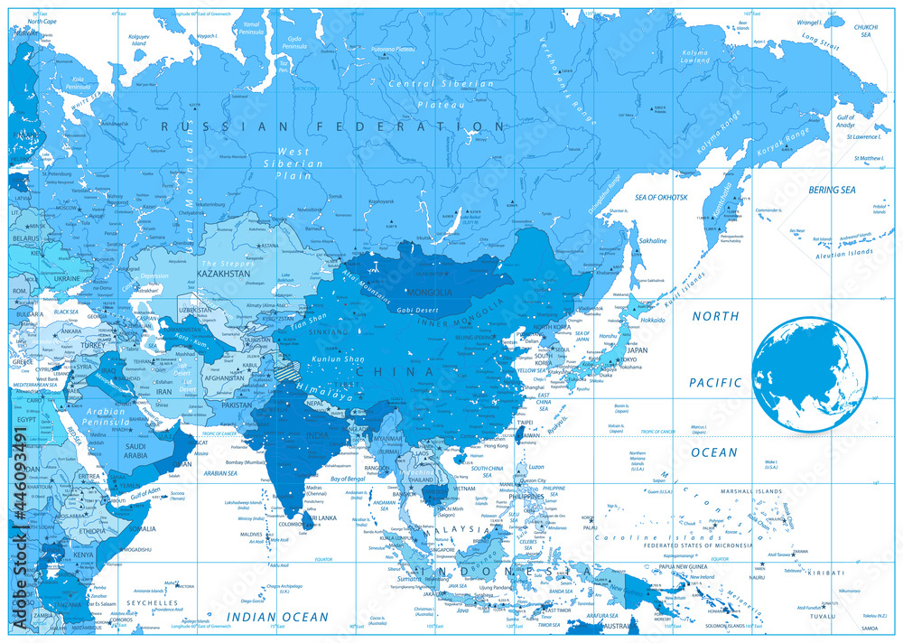 Asia political map in colors of blue