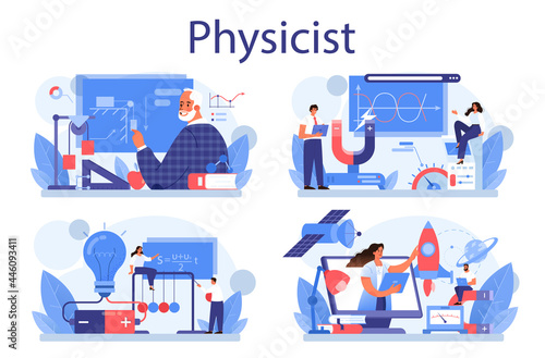 Physicist concept set. Scientist explore electricity, magnetism, light wave