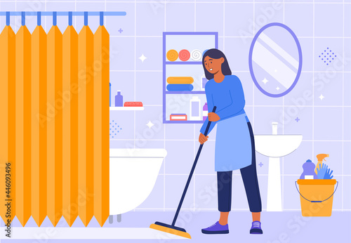 Cleaning Bathroom concept. Woman with a mop in her hands cleans the bathroom floor. Disinfection of the toilet. General decoration of the house. Cartoon flat vector illustration with a blue background