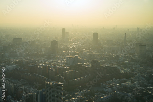 Hazy Tokyo skyline with smog and air pollution 　霞のかかった東京都心の高層ビル群 大気汚染・環境問題 photo