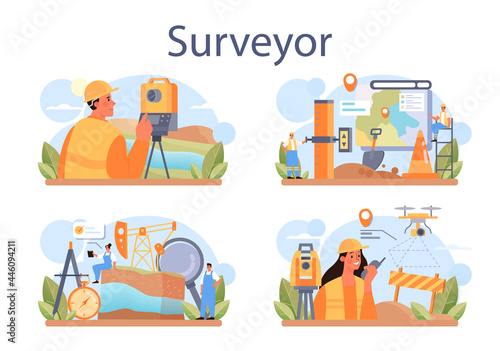 Surveyor concept set. Land surveying technology, geodesy science photo