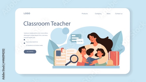 Teacher web banner or landing page. Profesor standing