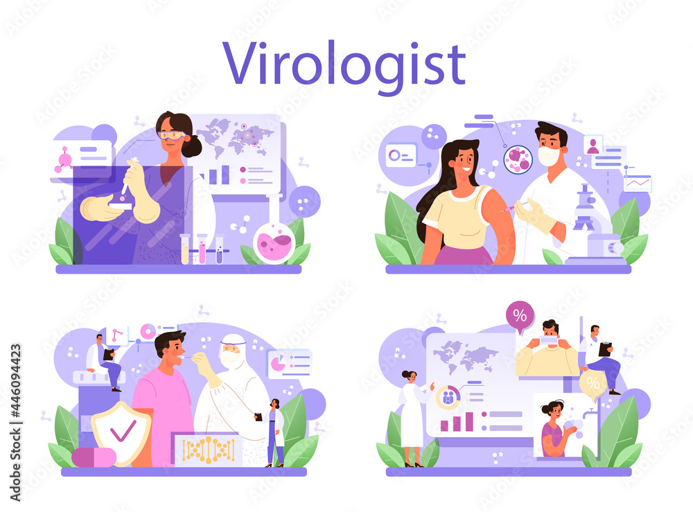 Virologist concept set. Scientist studies viruses and bacteria in a laboratory Virologist concept set. Scientist studies viruses and bacteria in a laboratory