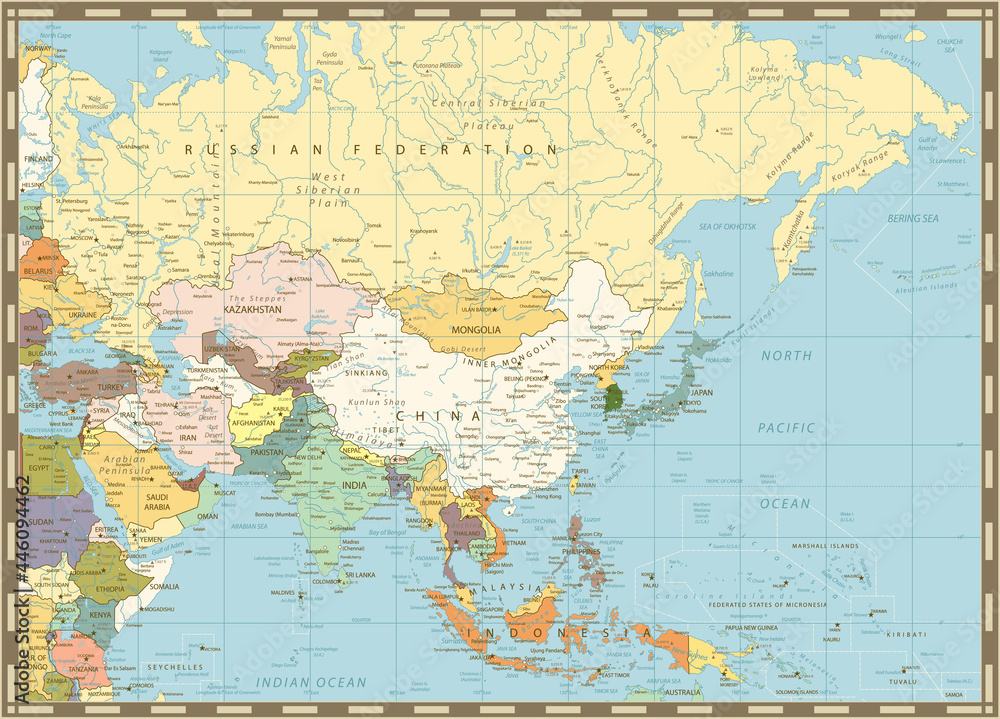 Old retro map of Asia