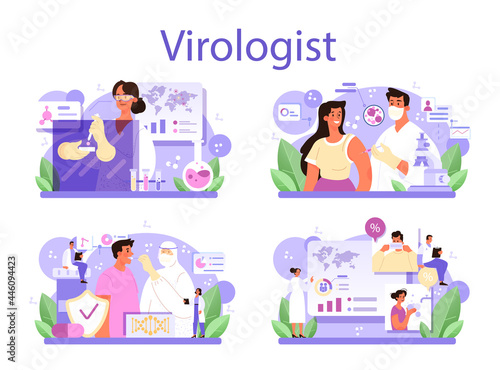 Virologist concept set. Scientist studies viruses and bacteria in a laboratory