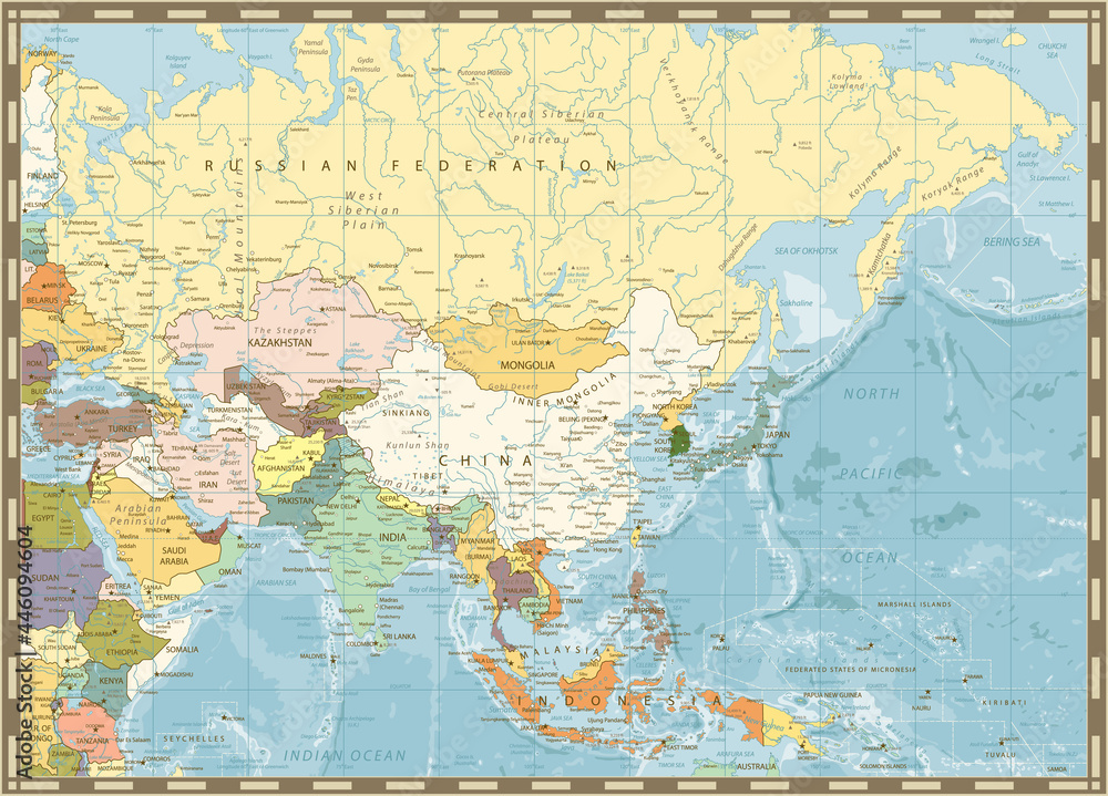 Old retro map of Asia and bathymetry Old retro map of Asia and bathymetry