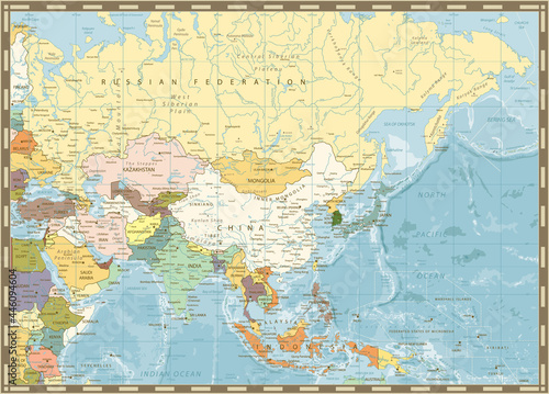 Old retro map of Asia and bathymetry