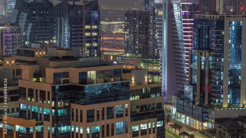Bay Square district night timelapse with mixed use and low rise complex office buildings located in Business Bay in Dubai Bay Square district night timelapse with mixed use and low rise complex office buildings located in Business Bay in Dubai