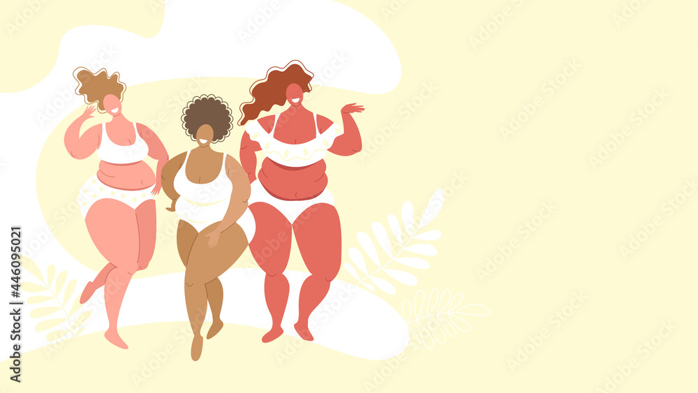 Plus size women of different races in swimsuits, the concept of body positivity, love for your body. Banner with copy space. Vector stock illustration in flat style. Plus size women of different races in swimsuits, the concept of body positivity, love for your body. Banner with copy space. Vector stock illustration in flat style.