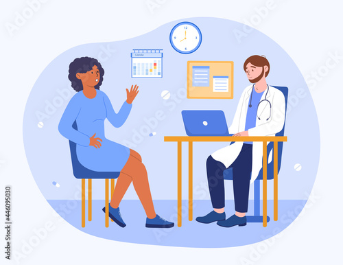 Doctor consultation concept. A woman tells the doctor about her health problems. A man studies the symptoms, makes a diagnosis and prescribes treatment. Cartoon modern flat vector illustration