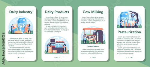 Dairy production industry mobile application banner set. Dairy natural