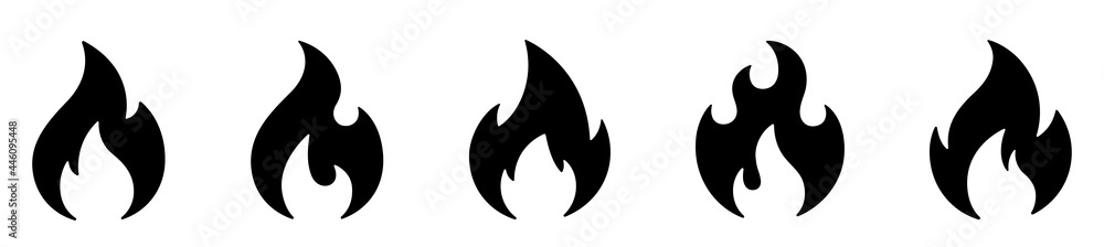 © Comauthor - Fire icon collection. Fire flame symbol. Bonfire silhouette logotype. Flames symbols set flat style - stock vector.