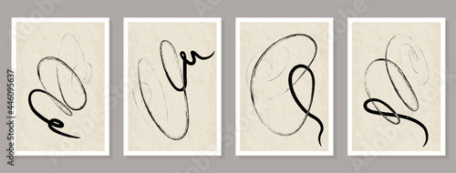 Vector set of modern abstract prints in nude colors with black. Brush stroke on neutral beige texture in mat. Contemporary minimalist design for interior decor, cover, wallpaper, poster, wall art