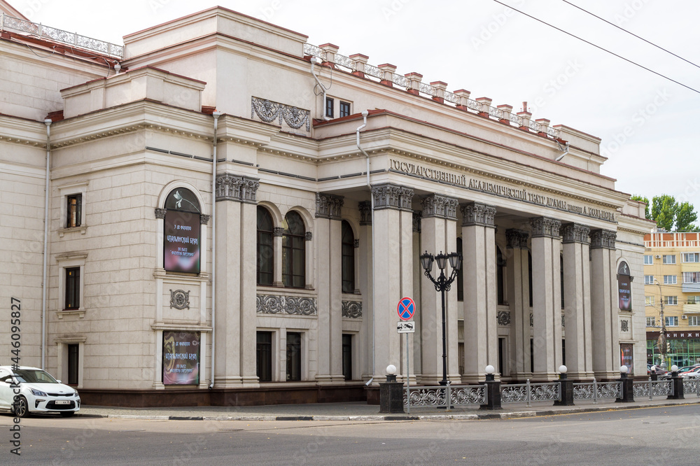 Evening Voronezh. Nikitin Square. The building of the A. Koltsov Drama Theater. Russia september 2020 