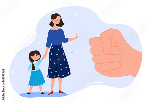 Domestic violence concept. The mother protects the child from being hit by a fist. Physical abuse by her husband. A social problem. Cartoon flat vector illustration isolated on a white background
