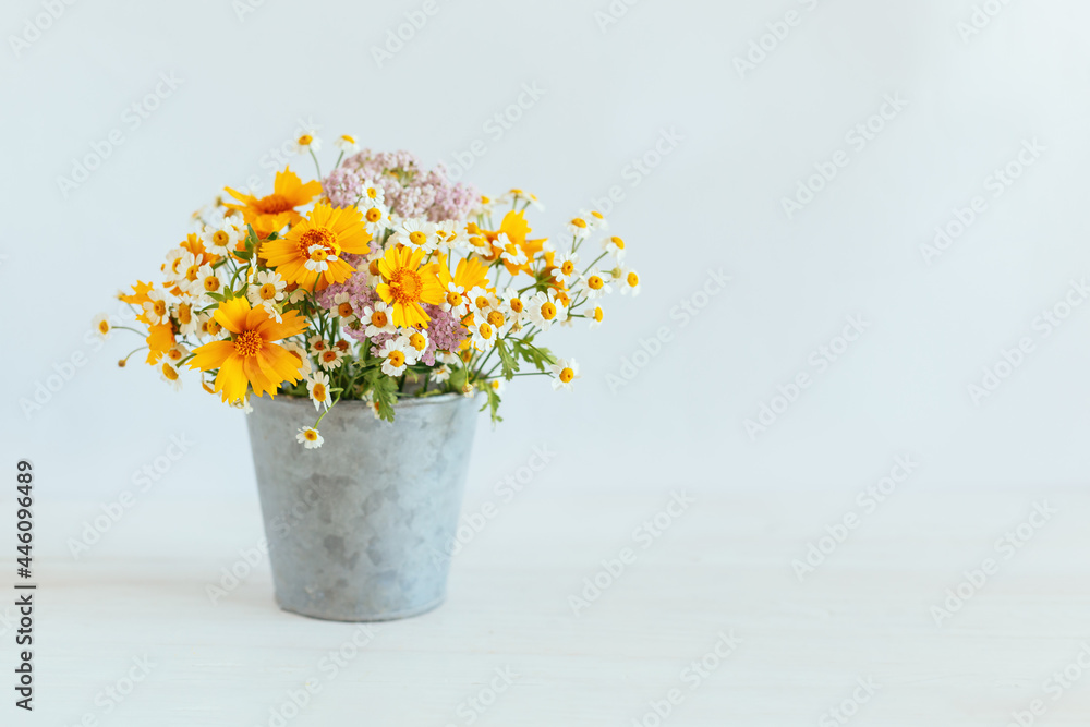 Beautiful summer flowers in a vintage pot on a white background.