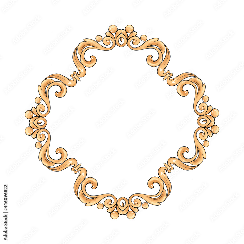 Decorative gold frame with scrolls. Hand drawn elements for design Decorative gold frame with scrolls. Hand drawn elements for design