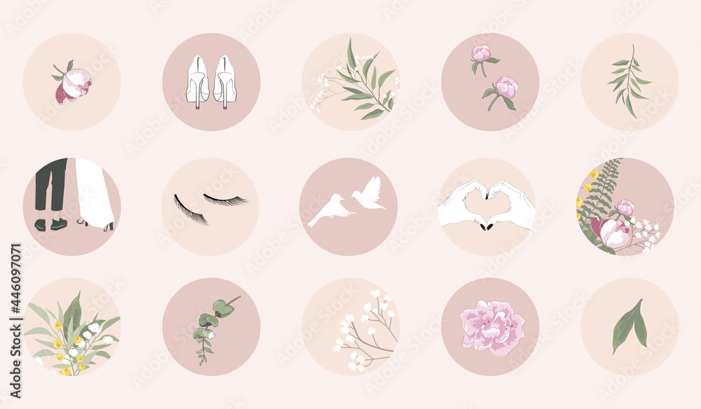 Instagram social media highlight cover icon or web button for beauty, wedding, summer. floral green leave and pink pastel peony flower design elements in circle round shapes. set of romantic stickers