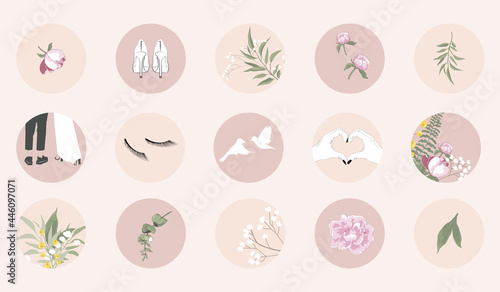 Instagram social media highlight cover icon or web button for beauty, wedding, summer. floral green leave and pink pastel peony flower design elements in circle round shapes. set of romantic stickers