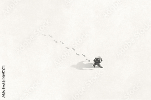 Illustration of man walking in the streets leaving footsteps on the ground, past concept photo