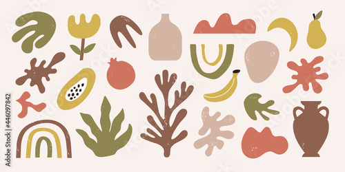 Trendy set of abstract organic shapes, objects, tropical fruits and seaweed. Contemporary hand drawn vector illustration. Matisse design