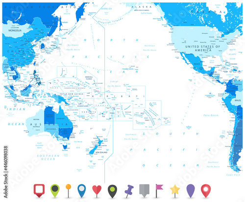 Pacific Ocean Blue Map and Navigation Icons