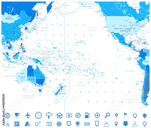 Pacific Ocean Blue Map and Navigation Map Icons
