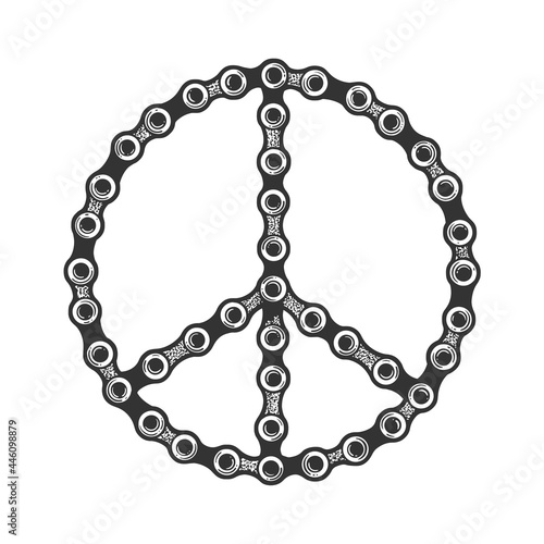 Peace symbol made with motorcycle bike chain line art sketch engraving vector illustration. T-shirt apparel print design. Scratch board imitation. Black and white hand drawn image.