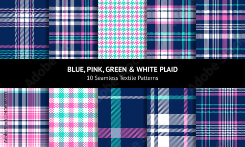 Plaid pattern set in bright blue, pink, green, white. Seamless tartan check vector graphics for flannel shirt, skirt, scarf, blanket, other modern spring summer fashion textile print. Textured design.