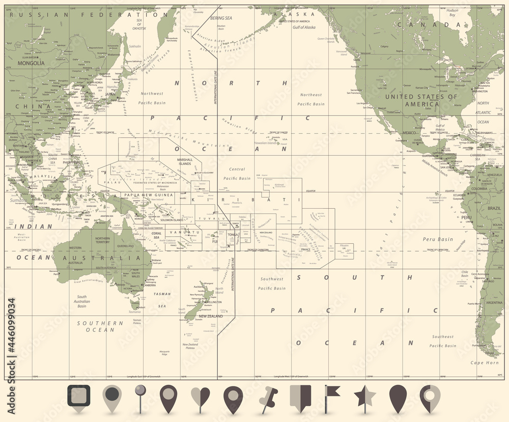 Pacific Ocean Map and flat map icons