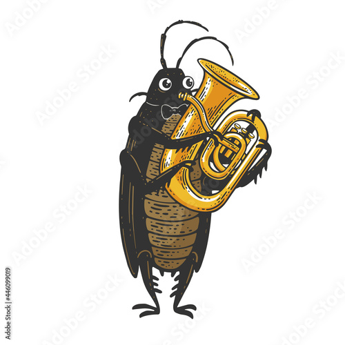 Cartoon cockroach orchestra playing the huge brass tube trumpet color sketch engraving vector illustration. T-shirt apparel print design. Scratch board imitation. Black and white hand drawn image.