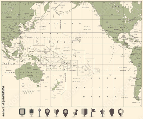 Pacific Ocean Map and flat map icons