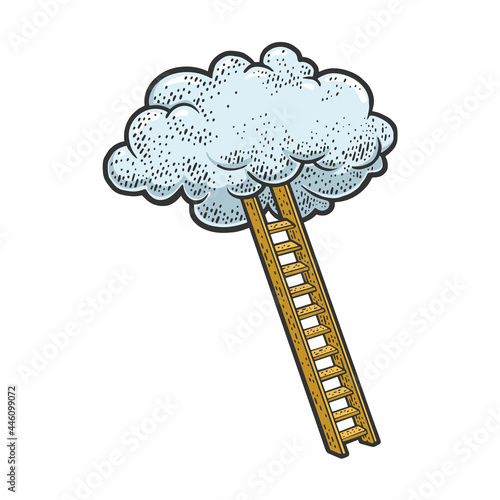 Ladder to cloud color sketch engraving vector illustration. Stairs to heaven metaphor. T-shirt apparel print design. Scratch board imitation. Black and white hand drawn image.