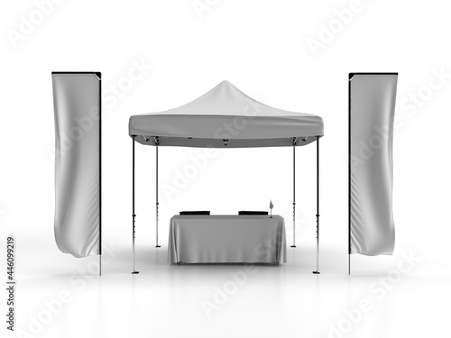 3D render scene of outdoor exhibition products including Telescopic Flags Banner Flags, Gazebo Tent, Table Cloth, Directors Chairs and a Table Flag on the Table., Front View photo