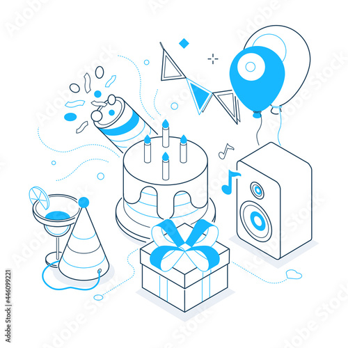 Birthday party - black and blue isometric line illustration