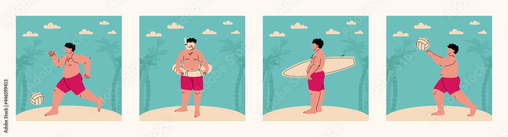 Set of vector illustrations, beach sports and entertainment. Fat man in a swimsuit on the beach with palm trees. Surfing, football, volleyball, swimming. Sport of big people.