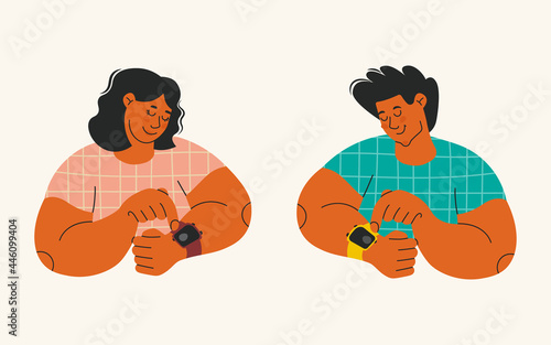 Characters use smartwatch and fitness bracelets. Man and woman looking at wristwatch. Elements for design. Vector illustration.