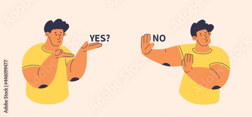 Two persons show offer and rejection. Man does not agree to proposal of other. Refusal or stop for any offer. Isolated flat vector illustration.